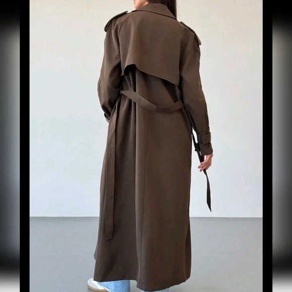Extra Long Tie Waist Double-Breasted Decor English Style Lapel Brown Trench Coat - Picture 3 of 7